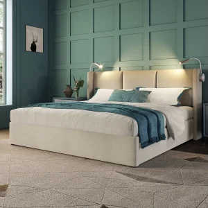 Bed met opbergruimte 140×200 cm – beige linnen – gestoffeerd bed met leeslampje en USB-oplader – matras niet inbegrepen Bed met opbergruimte 140×200 cm – beige linnen – gestoffeerd bed met leeslampje en USB-oplader – matras niet inbegrepen