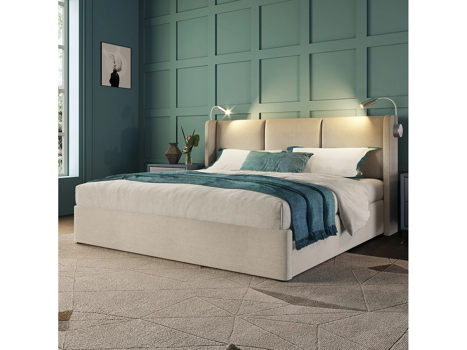 Bed met opbergruimte 140x200 cm - beige linnen - gestoffeerd bed met leeslampje en USB-oplader - matras niet inbegrepen