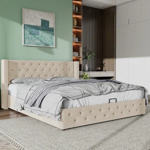 Bed 160×200 cm – Beige fluweel – Opbergbed met gewatteerd hoofdbord en lattenbodem – Zonder matras Bed 160×200 cm – Beige fluweel – Opbergbed met gewatteerd hoofdbord en lattenbodem – Zonder matras