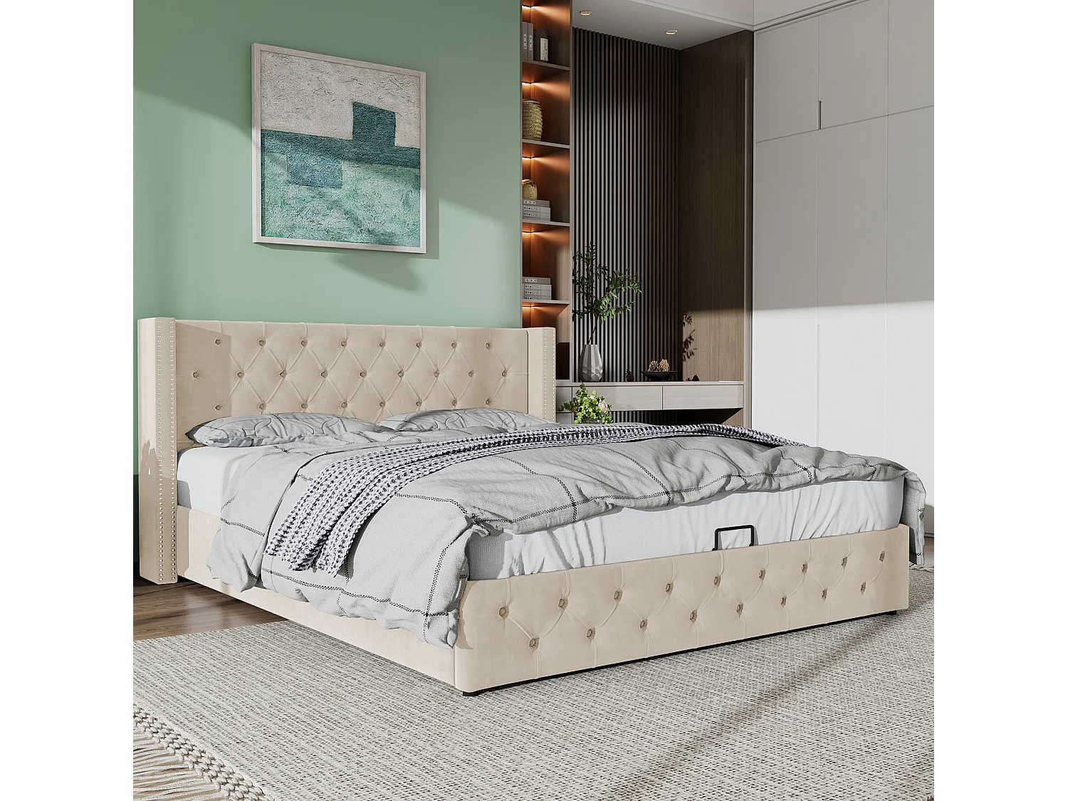 Bed 160x200 cm - Beige fluweel - Opbergbed met gewatteerd hoofdbord en lattenbodem - Zonder matras