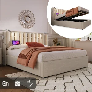 Bed met opbergruimte 140×200 cm – Natuurlijk linnen – Tienerbed met leeslampje en oplaadfunctie – zonder matras Bed met opbergruimte 140×200 cm – Natuurlijk linnen – Tienerbed met leeslampje en oplaadfunctie – zonder matras