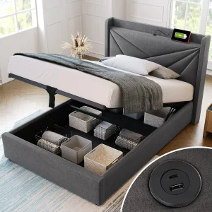 Bed met opbergruimte 90×200 cm – grijs linnen – tienerbed met USB-aansluiting – lattenbodem – zonder matras Bed met opbergruimte 90×200 cm – grijs linnen – tienerbed met USB-aansluiting – lattenbodem – zonder matras