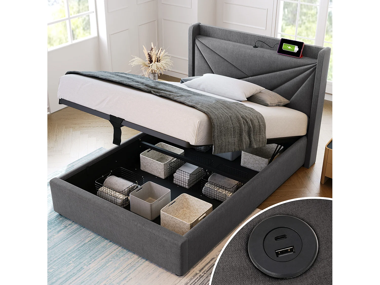 Bed met opbergruimte 90x200 cm - grijs linnen - tienerbed met USB-aansluiting - lattenbodem - zonder matras