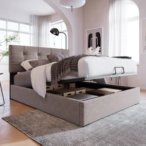 Bed met opbergruimte 90×200 cm – lichtgrijs fluweel – kinderbed met verstelbaar hoofdeinde en metalen frame – zonder matras Bed met opbergruimte 90×200 cm – lichtgrijs fluweel – kinderbed met verstelbaar hoofdeinde en metalen frame – zonder matras