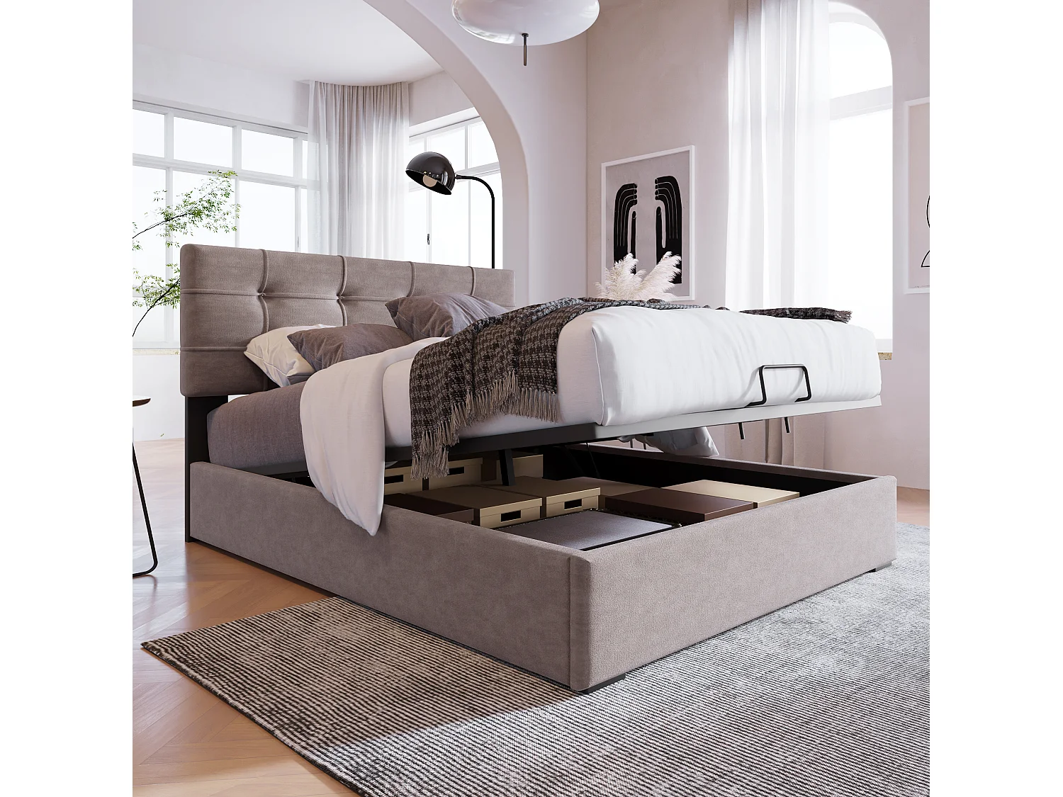 Bed met opbergruimte 90x200 cm - lichtgrijs fluweel - kinderbed met verstelbaar hoofdeinde en metalen frame - zonder matras