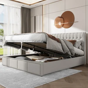 Bed met opbergruimte 180×200 cm – grijs linnen – tweepersoonsbed met gestoffeerd hoofdbord en lattenbodem – zonder matras Bed met opbergruimte 180×200 cm – grijs linnen – tweepersoonsbed met gestoffeerd hoofdbord en lattenbodem – zonder matras