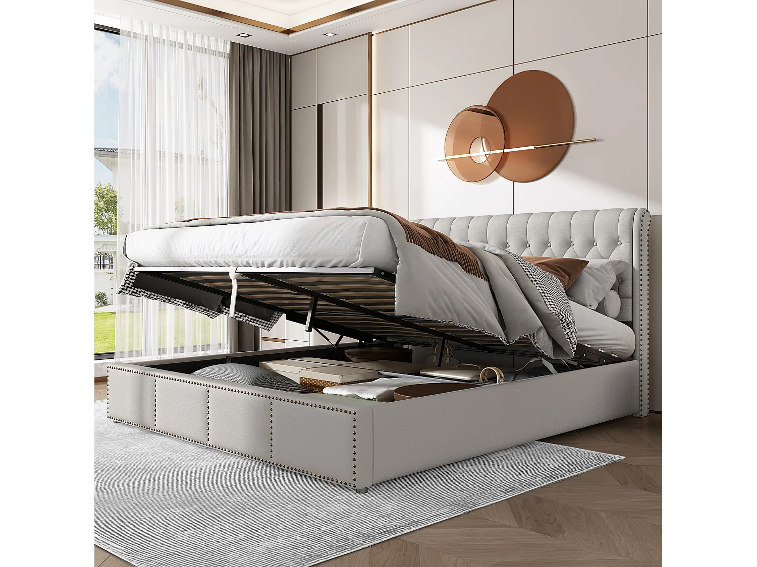 Bed met opbergruimte 180x200 cm - grijs linnen - tweepersoonsbed met gestoffeerd hoofdbord en lattenbodem - zonder matras