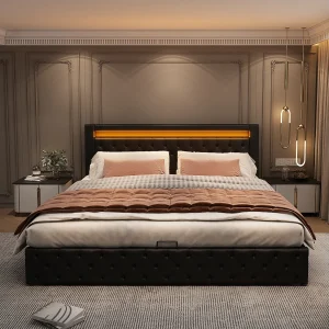 Bed met opbergruimte 160 x 200 cm – zwart PU – met ledverlichting – lattenbodem – zonder matras