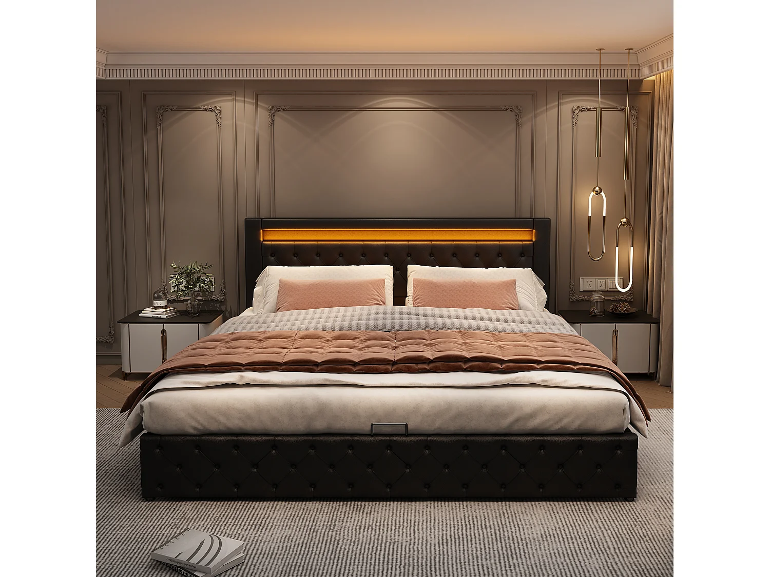 Bed met opbergruimte 160 x 200 cm - zwart PU - met ledverlichting - lattenbodem - zonder matras