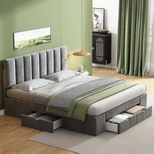 Bed 160×200 cm – grijs fluweel – tweepersoonsbed met 4 lades en verstelbaar hoofdeinde – zonder matras Bed 160×200 cm – grijs fluweel – tweepersoonsbed met 4 lades en verstelbaar hoofdeinde – zonder matras