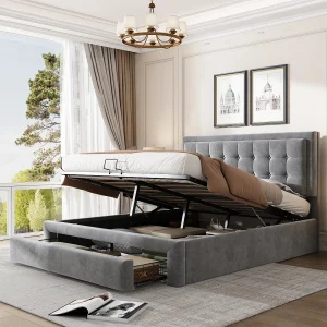 Bed met opbergruimte 140×200 cm – grijs fluweel – bed voor volwassenen met lades en verstelbaar hoofdeinde – zonder matras