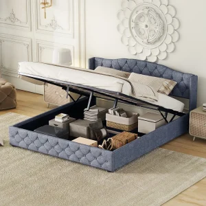 Bed met opbergruimte 180×200 cm – grijs linnen – volwassen bed met hoofdbord en lattenbodem – zonder matras Bed met opbergruimte 180×200 cm – grijs linnen – volwassen bed met hoofdbord en lattenbodem – zonder matras