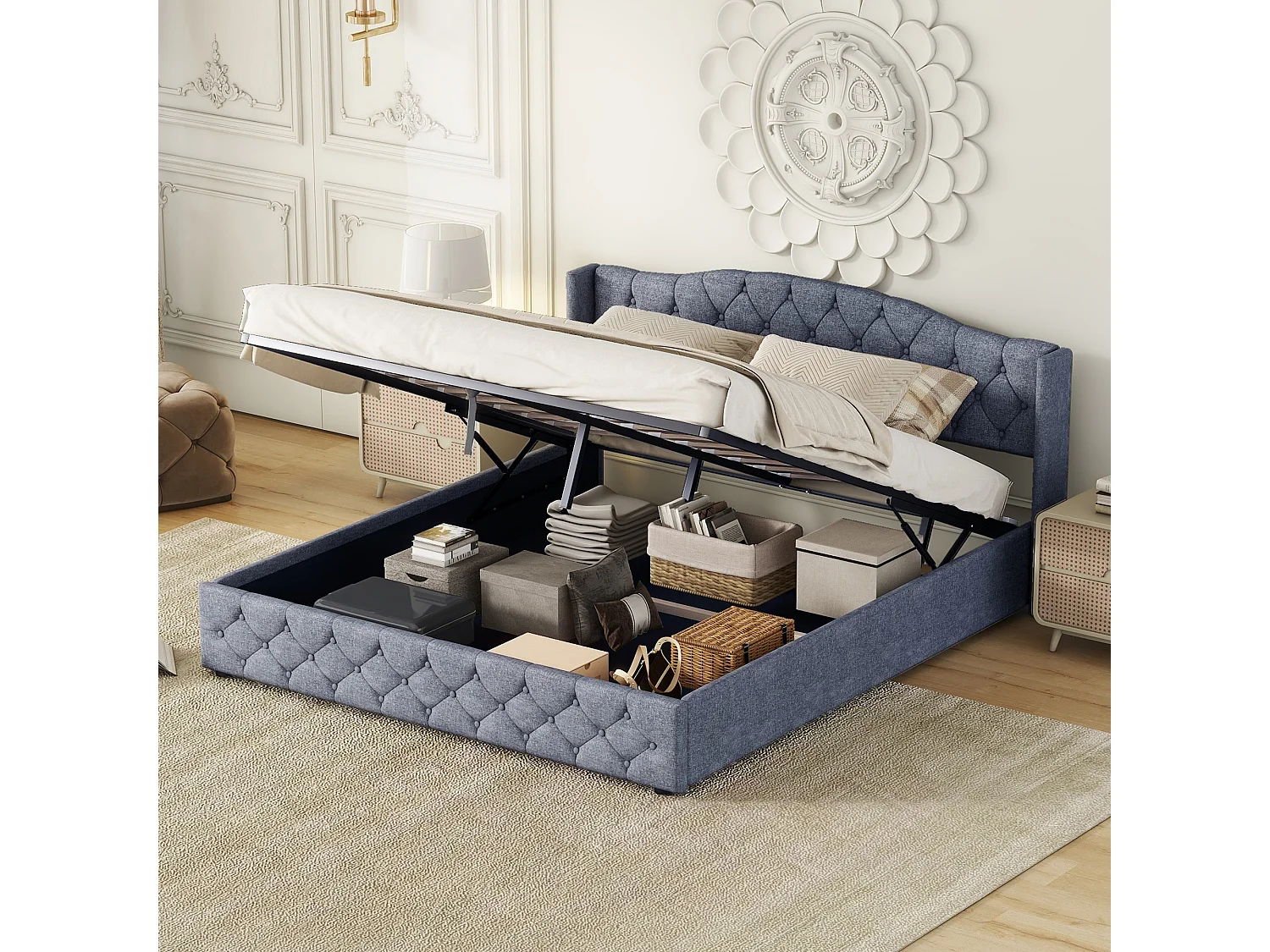 Bed met opbergruimte 180x200 cm - grijs linnen - volwassen bed met hoofdbord en lattenbodem - zonder matras