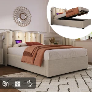Bed met opbergruimte 90×200 cm – Natuurlijk linnen – Kinderbed met leeslampje en oplaadaansluiting – zonder matras Bed met opbergruimte 90×200 cm – Natuurlijk linnen – Kinderbed met leeslampje en oplaadaansluiting – zonder matras