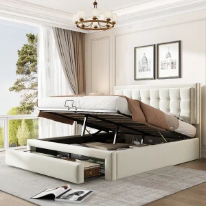 Bed met opbergruimte 140×200 cm – beige fluweel – bed voor volwassenen met lades en verstelbaar hoofdeinde – zonder matras Bed met opbergruimte 140×200 cm – beige fluweel – bed voor volwassenen met lades en verstelbaar hoofdeinde – zonder matras