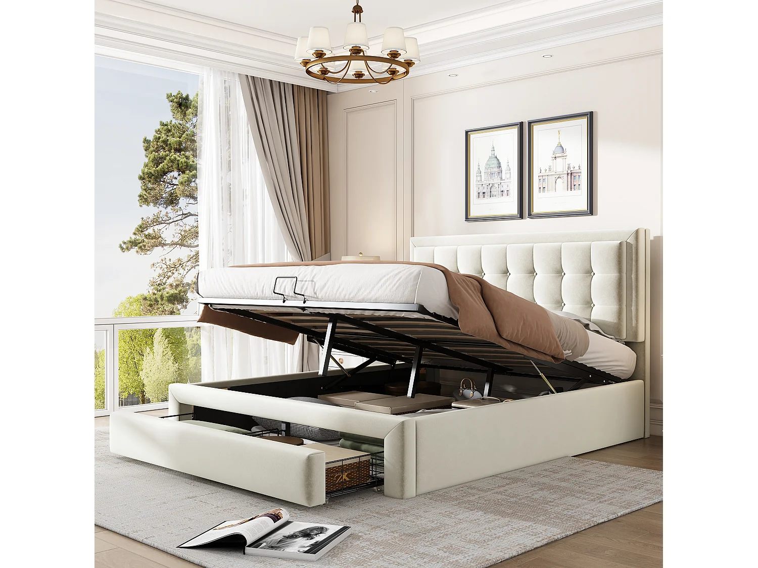 Bed met opbergruimte 140x200 cm - beige fluweel - bed voor volwassenen met lades en verstelbaar hoofdeinde - zonder matras
