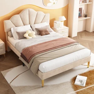 Bed 140×190 cm – beige fluweel – tienerbed met verstelbaar hoofdeinde en houten lattenbodem – zonder matras Bed 140×190 cm – beige fluweel – tienerbed met verstelbaar hoofdeinde en houten lattenbodem – zonder matras