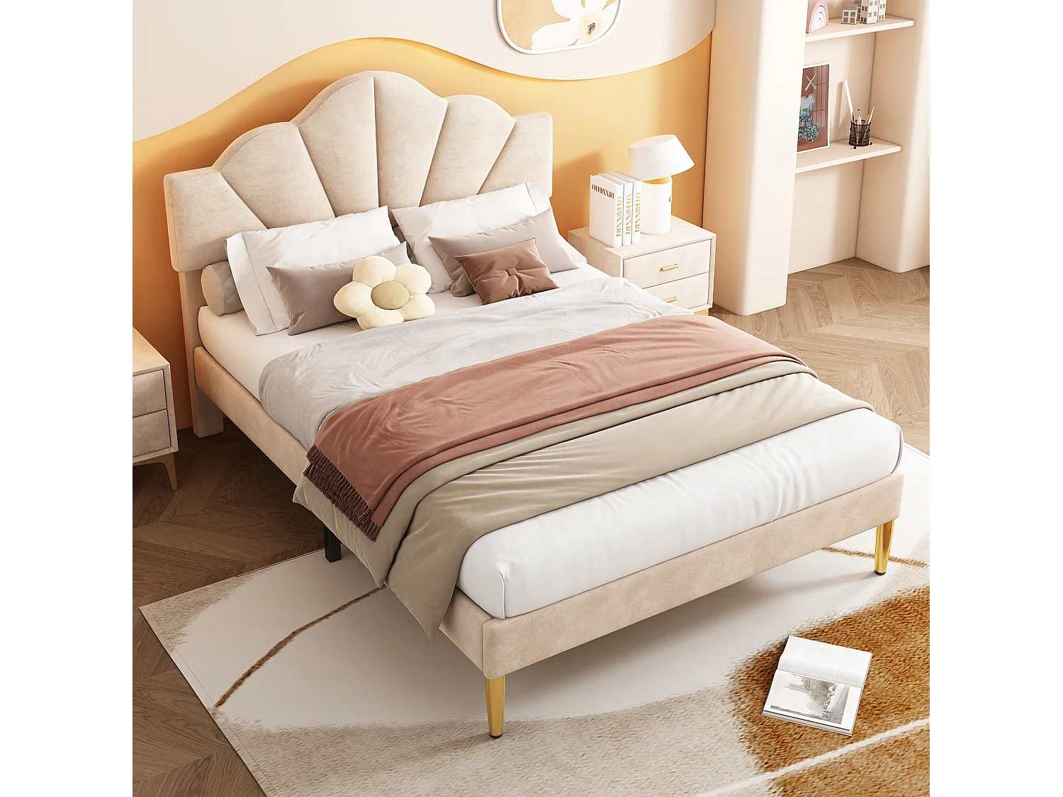 Bed 140x190 cm - beige fluweel - tienerbed met verstelbaar hoofdeinde en houten lattenbodem - zonder matras