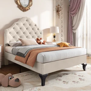 Bed 90×200 cm – beige fluweel – kinderbed met verstelbaar hoofdbord en houten lattenbodem – zonder matras Bed 90×200 cm – beige fluweel – kinderbed met verstelbaar hoofdbord en houten lattenbodem – zonder matras