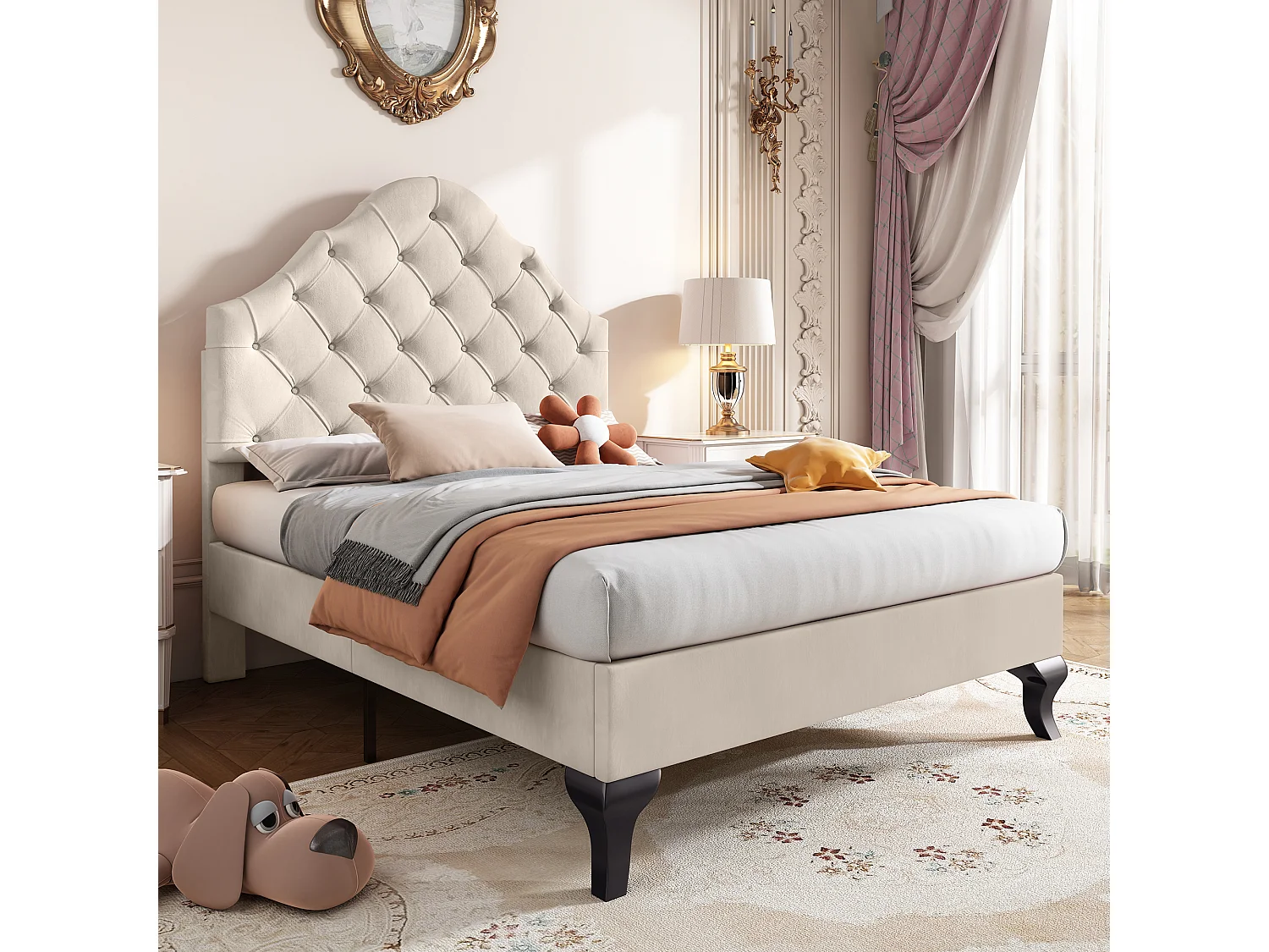 Bed 90x200 cm - beige fluweel - kinderbed met verstelbaar hoofdbord en houten lattenbodem - zonder matras