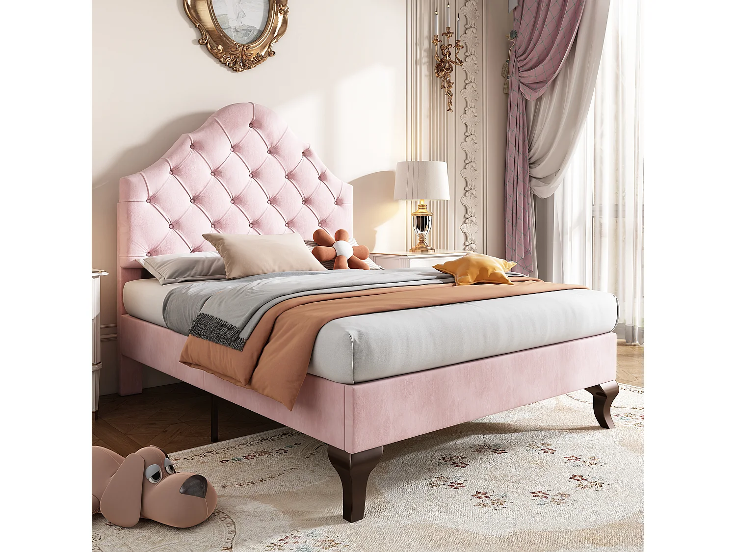 Bed 90x200 cm - roze fluweel - kinderbed met verstelbaar hoofdbord en houten lattenbodem - zonder matras