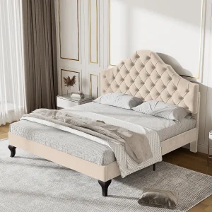 Bed 140×190 cm – beige fluweel – tienerbed met verstelbaar hoofdbord en houten lattenbodem – zonder matras Bed 140×190 cm – beige fluweel – tienerbed met verstelbaar hoofdbord en houten lattenbodem – zonder matras