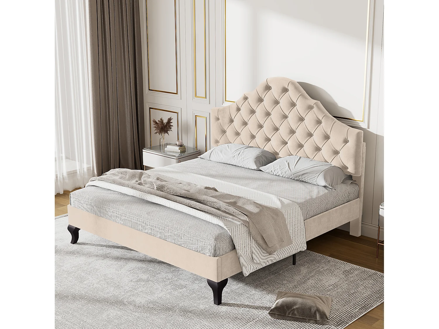 Bed 140x190 cm - beige fluweel - tienerbed met verstelbaar hoofdbord en houten lattenbodem - zonder matras