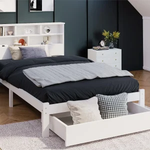 Bed met opberghoofdeinde en lade – 90 x 200 cm – massief hout – wit Bed met opberghoofdeinde en lade – 90 x 200 cm – massief hout – wit