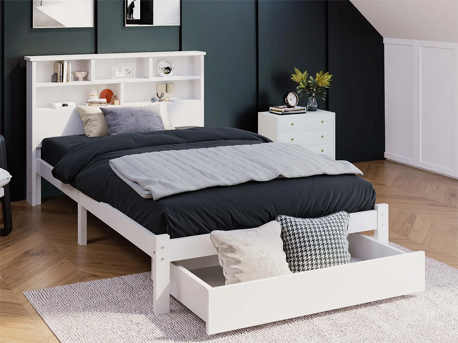 Bed met opberghoofdeinde en lade - 90 x 200 cm - massief hout - wit