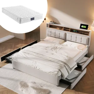 Bed met verstelbaar hoofdeinde – 160 x 200 cm – 4 laden, planken en USB C-aansluiting – linnen stof – kleur beige + matras Bed met verstelbaar hoofdeinde – 160 x 200 cm – 4 laden, planken en USB C-aansluiting – linnen stof – kleur beige + matras