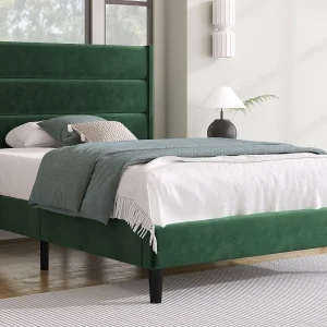 Bed met hoofdbord – 90 x 200 cm – fluweel – lattenbodem – groen Bed met hoofdbord – 90 x 200 cm – fluweel – lattenbodem – groen