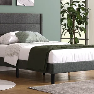 Bed met hoofdeinde – 90 x 200 cm – linnen stof – lattenbodem – grijs