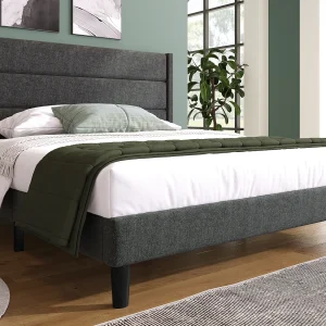 Bed met hoofdeinde 140 x 200 cm – opgevuld met linnen – lattenbodem – grijs