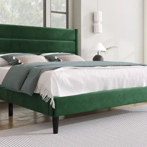 Bed met hoofdbord – 140 x 200 cm – fluweel – lattenbodem – groen Bed met hoofdbord – 140 x 200 cm – fluweel – lattenbodem – groen