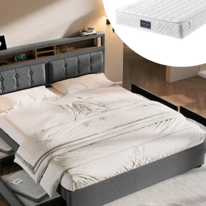 Bed met verstelbaar hoofdeinde – 160 x 200 cm – 4 laden, planken en USB C-aansluiting – linnen stof – kleur beige + matras Bed met verstelbaar hoofdeinde – 160 x 200 cm – 4 laden, planken en USB C-aansluiting – linnen stof – kleur beige + matras