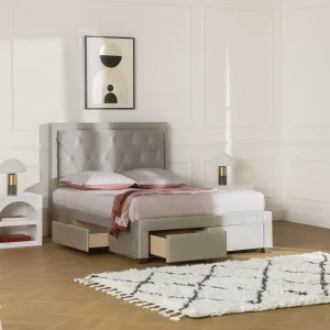 Bed met lades van beige velours 140 x 190 cm + matras LEOPOLD