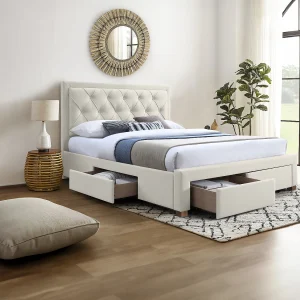 Bed met lades 160 x 200 cm van beige stof + matras – LEOPOLD Bed met lades 160 x 200 cm van beige stof + matras – LEOPOLD