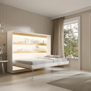 Bedkast 140 x 200 cm handmatige horizontale opening met ledverlichting wit en houtlook – RAPILI Bedkast 140 x 200 cm handmatige horizontale opening met ledverlichting wit en houtlook – RAPILI