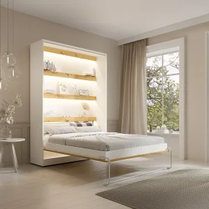 Bedkast 140 x 200 cm Verticale handmatige opening met ledverlichting wit en houtlook – RAPILI Bedkast 140 x 200 cm Verticale handmatige opening met ledverlichting wit en houtlook – RAPILI