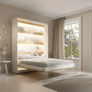 Bedkast 160 x 200 cm Verticale handmatige opening met ledverlichting wit en houtlook – RAPILI Bedkast 160 x 200 cm Verticale handmatige opening met ledverlichting wit en houtlook – RAPILI