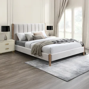 Bed 180 x 200 cm met hoofdbord met verticale stiksels van ivoorwit velours + matras – SIZAMA Bed 180 x 200 cm met hoofdbord met verticale stiksels van ivoorwit velours + matras – SIZAMA
