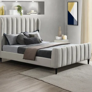 Bed 180 x 200 cm in lichtgrijze stof met verticale naden – CASAGOTI Bed 180 x 200 cm in lichtgrijze stof met verticale naden – CASAGOTI