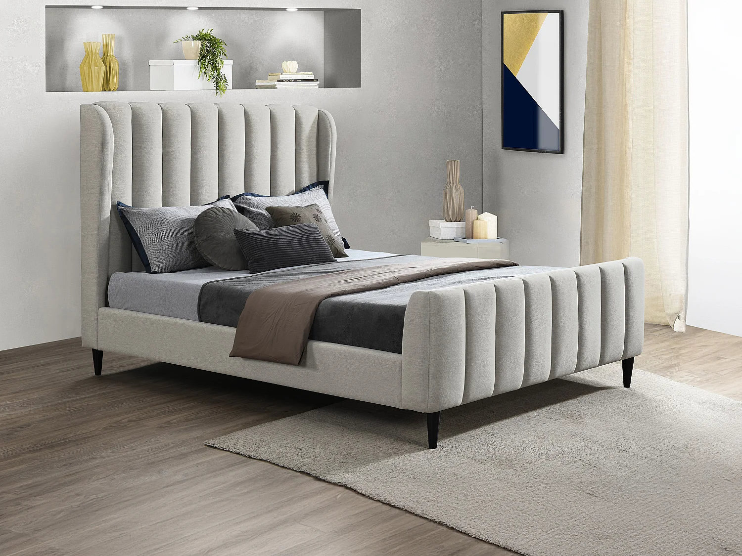 Bed 180 x 200 cm in lichtgrijze stof met verticale naden - CASAGOTI