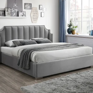 Bed met opbergruimte 140 x 190 cm met gebogen hoofdbord in lichtgrijs fluweel + matras – TEOMIS Bed met opbergruimte 140 x 190 cm met gebogen hoofdbord in lichtgrijs fluweel + matras – TEOMIS