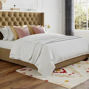 Bed met hoofdeinde 180 x 200 cm + matras – Beige stof – MASSIMO II