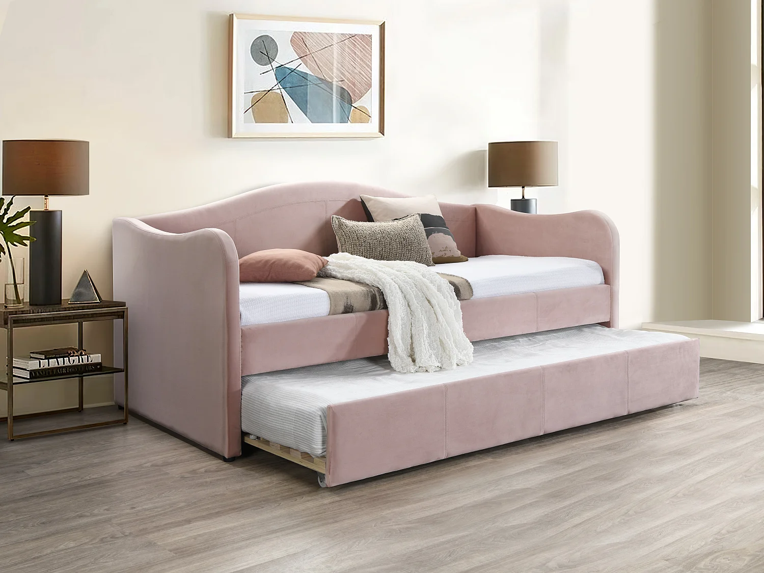 Bedbank met uitschuifbed 2 x 90 x 190 cm roze fluweel MATHILDE