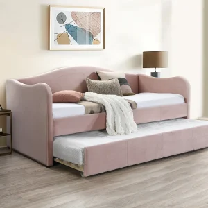 Bedbank met uitschuifbed 2 x 90 x 190 cm roze fluweel + matras MATHILDE Bedbank met uitschuifbed 2 x 90 x 190 cm roze fluweel + matras MATHILDE