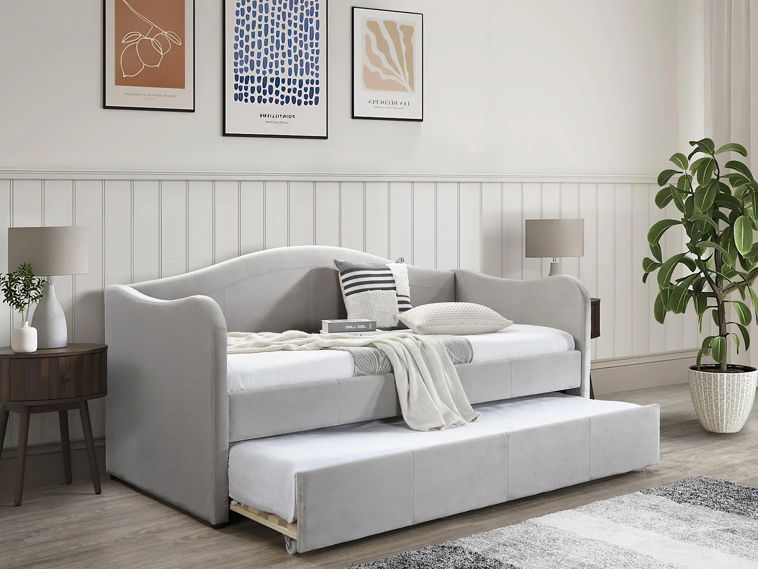 Bedbank met uitschuifbed 2 x 90 x 190 cm lichtgrijs fluweel MATHILDE