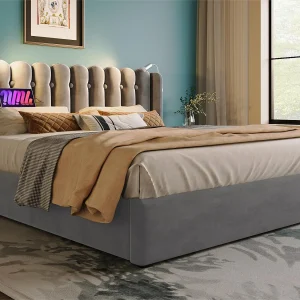 Gestoffeerd opbergbed met LED en USB oplaadpoorten – 160x200cm – stof fluweel – met lattenbodem – Grijs Gestoffeerd opbergbed met LED en USB oplaadpoorten – 160x200cm – stof fluweel – met lattenbodem – Grijs