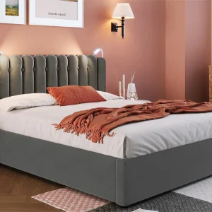 Gestoffeerd opbergbed met LED en USB oplaadpoorten – 140x200cm – stof fluweel – met lattenbodem – Grijs Gestoffeerd opbergbed met LED en USB oplaadpoorten – 140x200cm – stof fluweel – met lattenbodem – Grijs